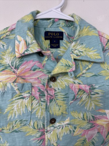 POLO Ralph Lauren Tropical Floral Jersey Knit Camp Shirt Blue Pink Cotton Boys 6 - Picture 2 of 11