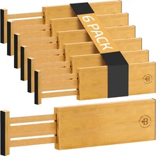 6 Pack Drawer Dividers 6 Inch High, 11”-17" Adjustable Bamboo Organizers Large