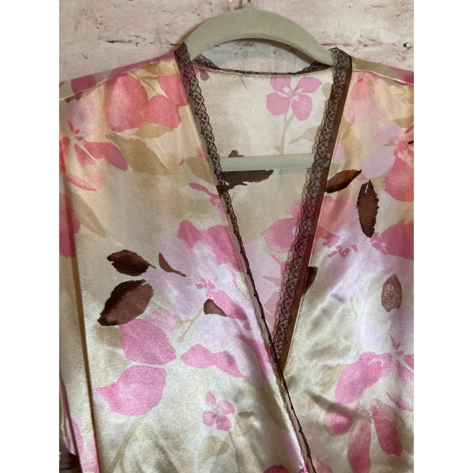 Floral Satin Kimono Robe Pink Brown Lace Trim Long Sleeve Wrap Belted One Size - Image 4 of 4