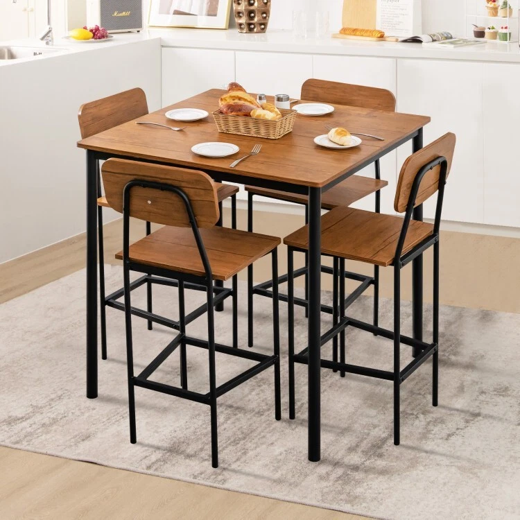 Set of 5 Bar Table Set Counter Height Dining Kitchen Table W/ 4 Bar Stools Home - Image 3 of 4