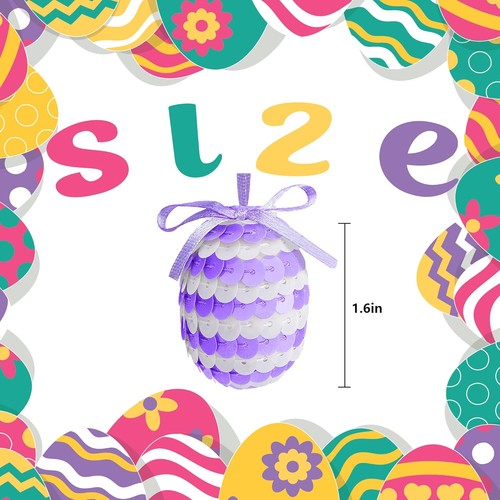30 Pcs Easter Hanging Sequin Eggs- 1.6" Stripes Easter Eggs Ornaments with Bow- - Picture 2 of 12
