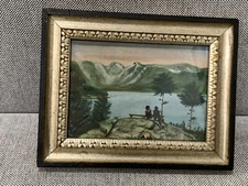 Antique Primitive Hudson River Valley Landscape Oil Painting w/ 2 Figures
