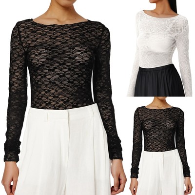 Lace Sheer Shirts For Women Long Sleeve Sexy Sheer Shirt Floral Pattern Mesh Top