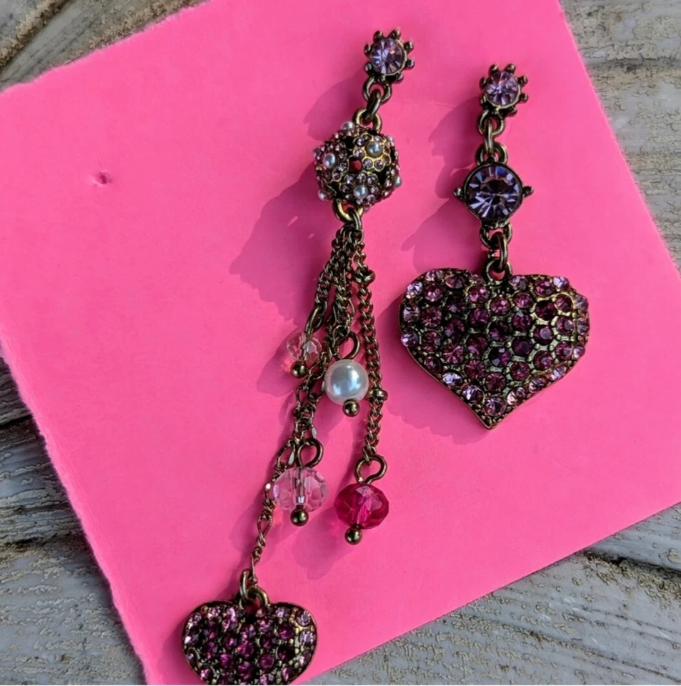 Betsey Johnson Perfectly Pave Pink Crystal Heart Asymmetric Earrings - Image 2 of 4