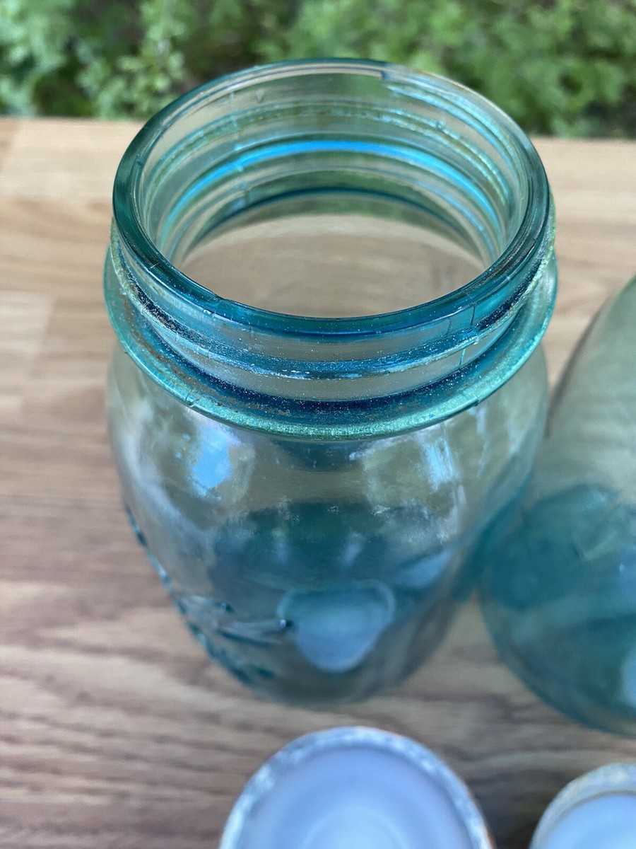 2 Vintage Quart Size Ball Perfect Mason Jar, Blue w/Zinc