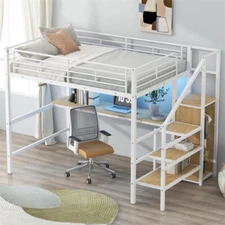Full Size Metal Loft Bed with Desk, Staircase, Small Wardrobe & LED Light, White