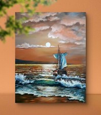 Quadro marittimo dipinto a mano 40x50 cm, quadro da parete oceano originale, tramonto