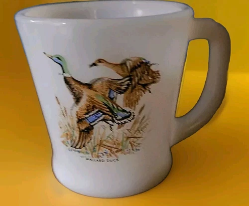 Vintage MCM Fire King Game Bird Mallard Milk Glass Coffee Mug Cup