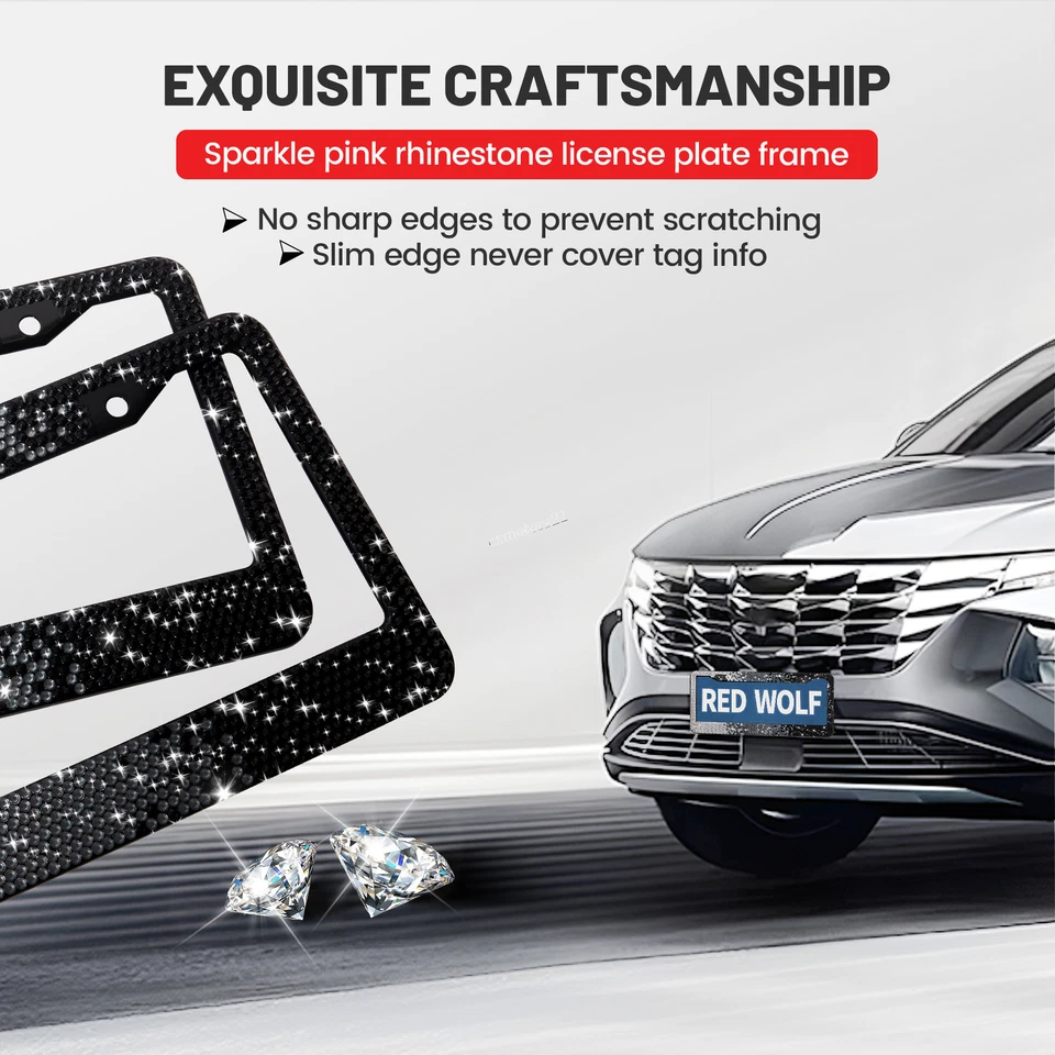 2x Marco de matrícula brillante brillante cristal estrás etiqueta cubierta degradada negro Foto 3 de 4