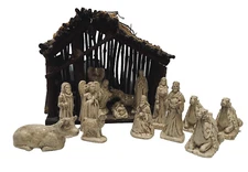 Nativity Manger Crech Set of 15 Hand Made Beige Plaster Christmas Figurines