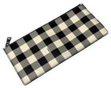 Vintage COACH Black & Tan Leather Plaid Print Slim Envelope Zipper Wallet - VGUC