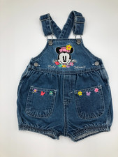 Vintage Baby Minnie Mouse Floral Embroidery Jean Overall Shortalls size 12 mo.