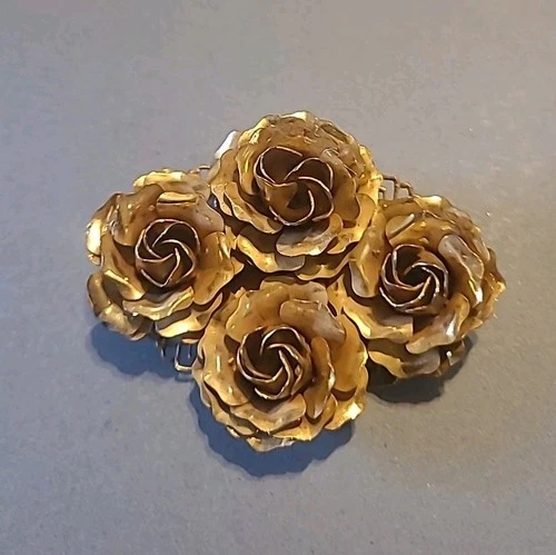 Vintage Miriam Haskell Signed Gold Tone Rare Four Roses Brooch 2"