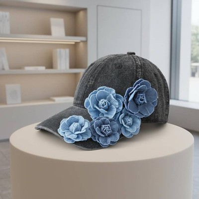 Jeansmütze mit Blumen Blumenverzierung Baseballmütze Sonnenschutz für Frauen