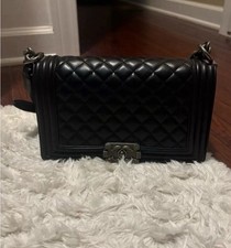 Authentic Chanel Boy Flap Bag Black Quilted Lambskin Old Medium Crossbody Bag