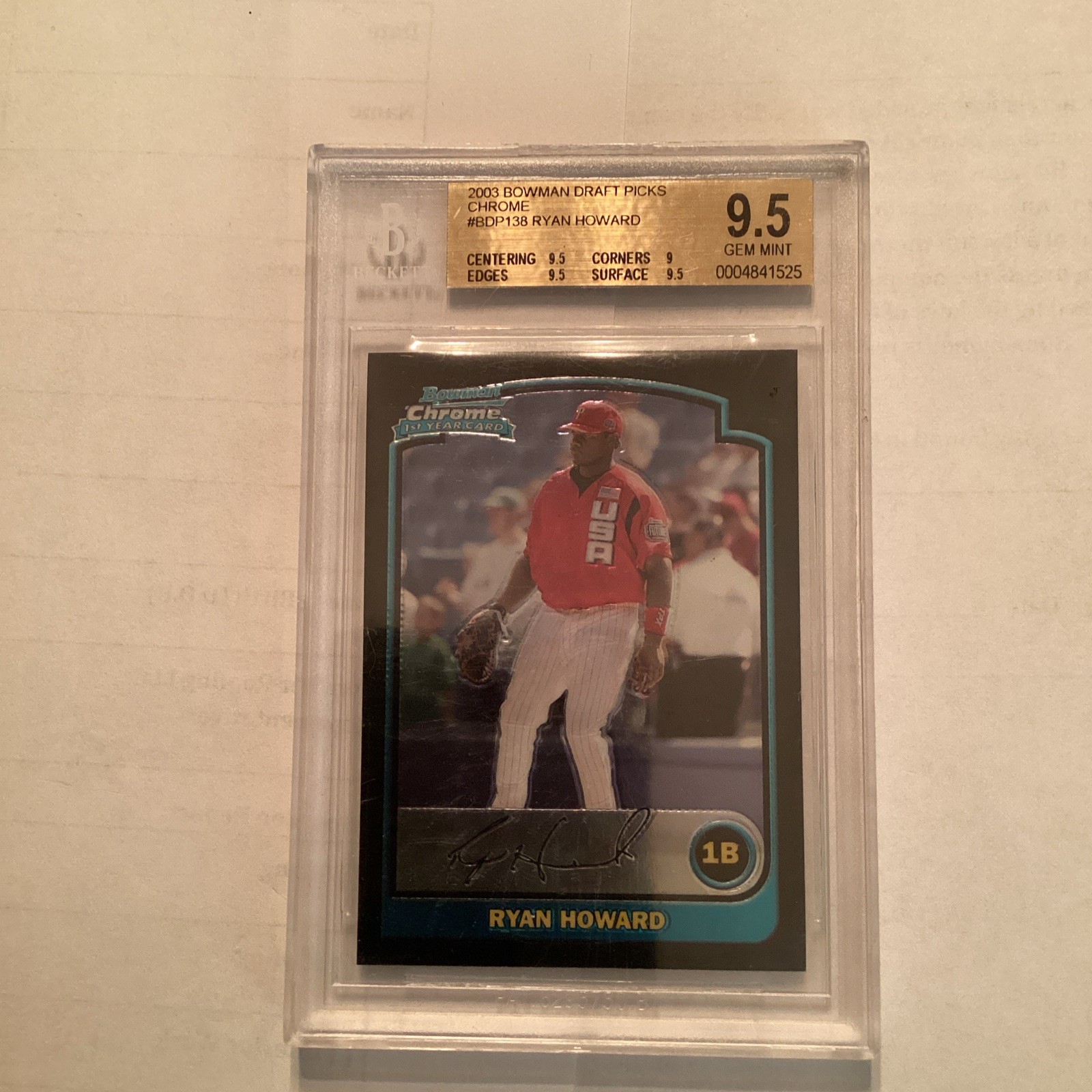 2003 Bowman Chrome Draft Picks & Prospects Ryan Howard RC BGS 9.5 Gem Mint Subs