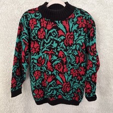 Vintage Sweater Women  s Med 80s Spunky Green Black Red Flowers READ Sparkle
