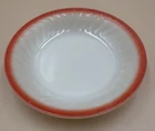 Vintage Fire King Sunrise Swirl Milk Glass Bowl w/ Red Rim 7.5”