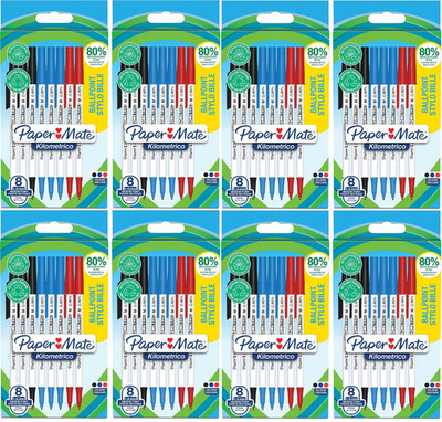 64 x Paper Mate Kilometrico Kugelschreiber, SCHWARZ BLAU ROT Mittel (8 x 8 Packungen)