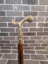 Vintage Brass Handle Wooden Walking Stick Solid Wood Cane, Antique Style