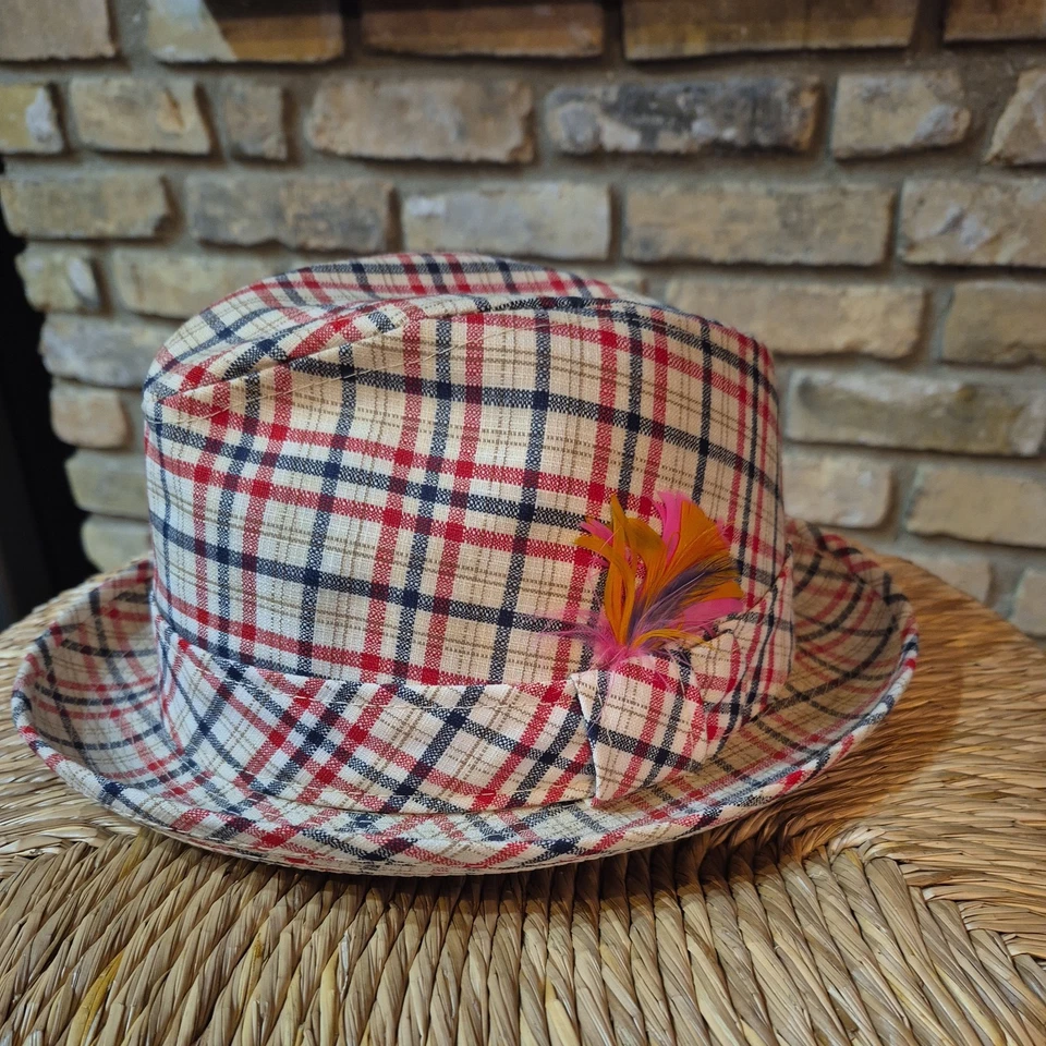 Vintage Stetson Stevens Fedora Hat 7 3/8 Red White Blue Gold Plaid Tweed USA - Image 2 of 4