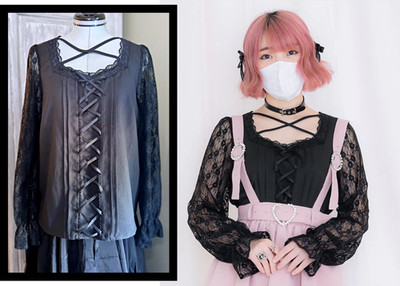 DearMyLove Front Lace-Up Ribbon Blouse Top Black Gothic Lolita Jirai Kei Japan