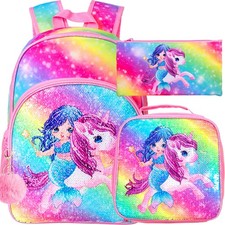 3PCS Unicorn Mermaid Backpack for Girls, Sequin Bookbag for Elementary Presch...