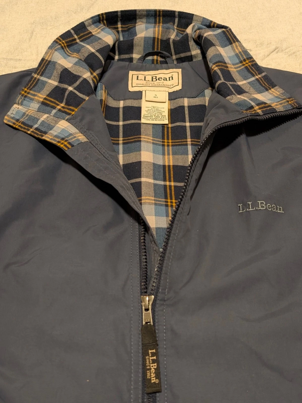 L.L.Bean Men's Warm-Up Jacket Flannel-Lined Dark Navy S Plaid Lining Full Zip - product detail image 4