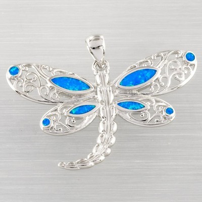 Hollow Dragonfly Ocean Blue Fire Opal Silver Jewelry Necklace Pendant