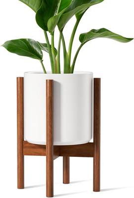 12'' Ceramic Planter with Acacia Wood Stand - Mid Century Modern Design