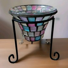 Colorful Mosaic Glass Tealight Candle Holder W/Black Metal Stand