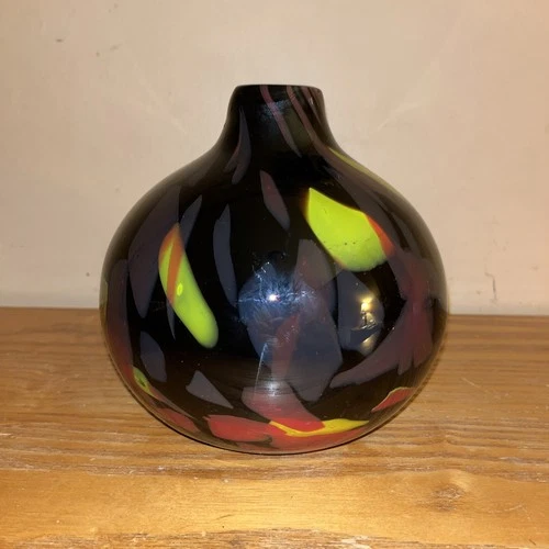 Vintage Murano Art Glass Tutti Frutti Vase Black Squat Melon Shape Red Yellow