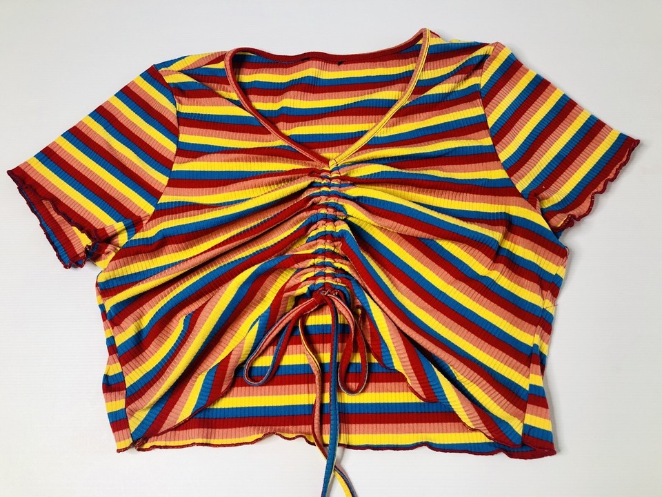 Retro/Vintage 90’s Style Stripe Crop Cropped T-shirt With Gathered Front  16