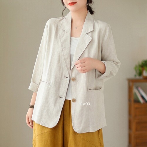 Long-sleeved Cotton Linen Suit Women's Casual Blazer Coats Jacket Lapel Collar - Bild 15 von 29