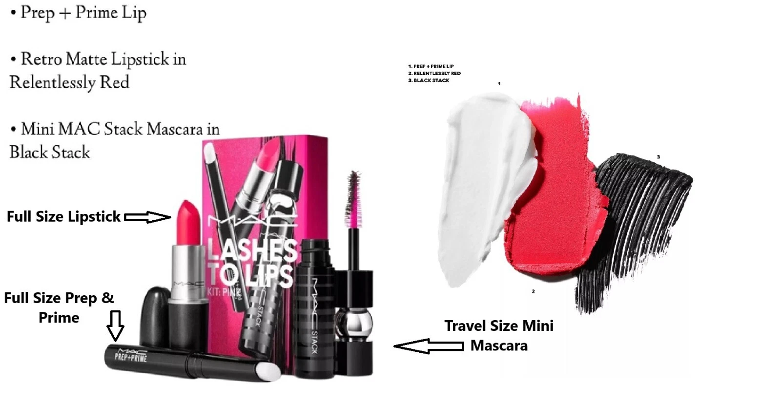 3 PC MAC Lashes to Lips Kit in PINK Prep & Prime, Lipstick, & Mascara NIB