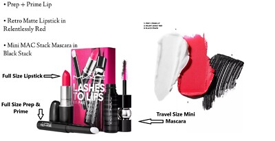 3 PC MAC Lashes to Lips Kit in PINK Prep & Prime, Lipstick, & Mascara NIB