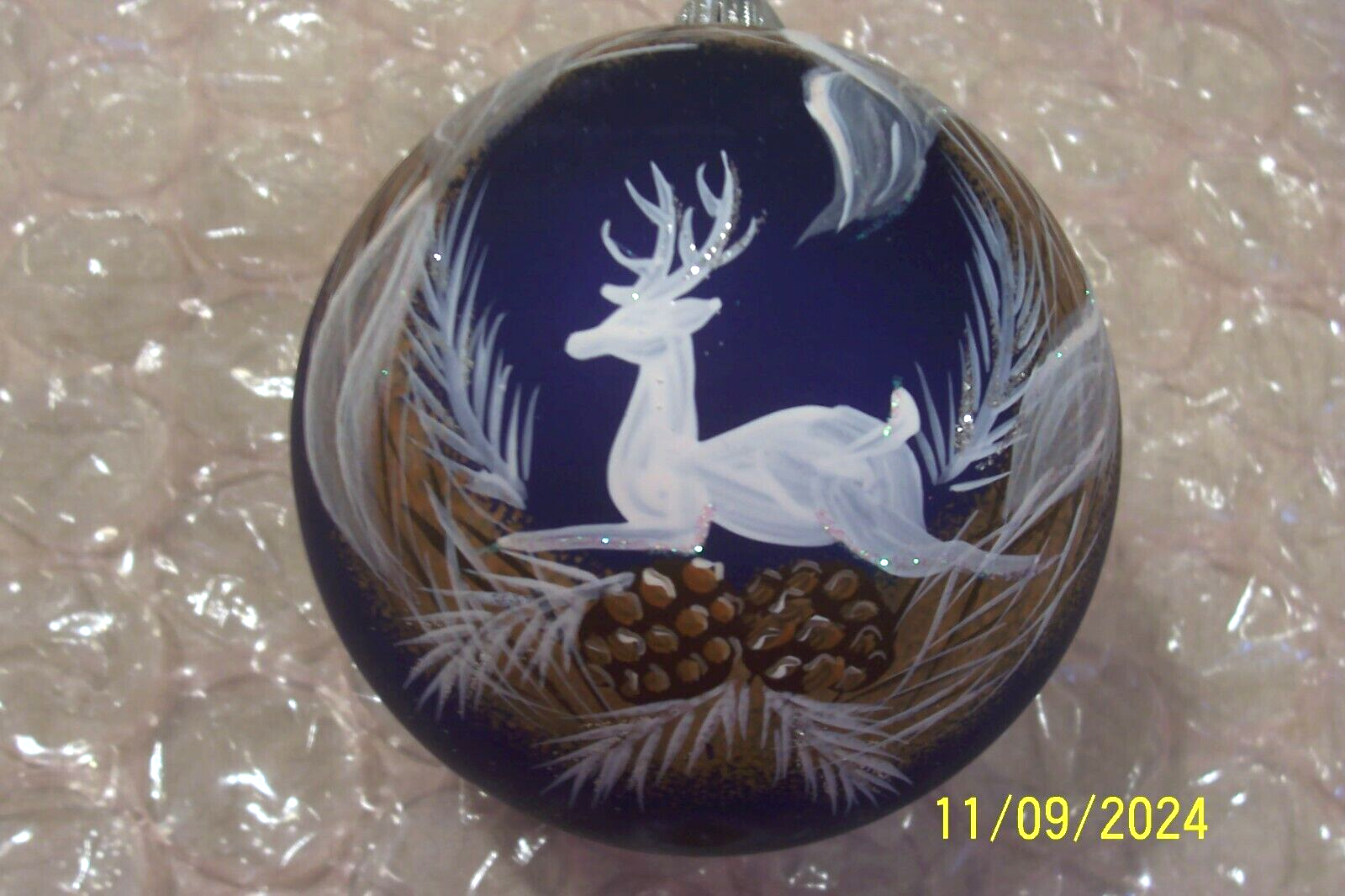 Christmas Blue Glass Ornament w/Reindeer Mouth Blown Hand Painted Italy 4.5