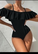 Women Solid Ruffle Trim One Piece Swimsuit Black Size L NEW