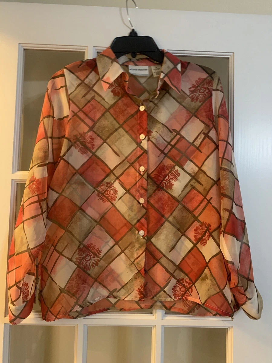 Alfred dunner petite sheer button down red brown blouse long sleeve womens 8P