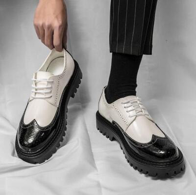 Mens Color Splicing Patchwork Wing Tip Casual Lace Up Dress Leather Shoes Carved