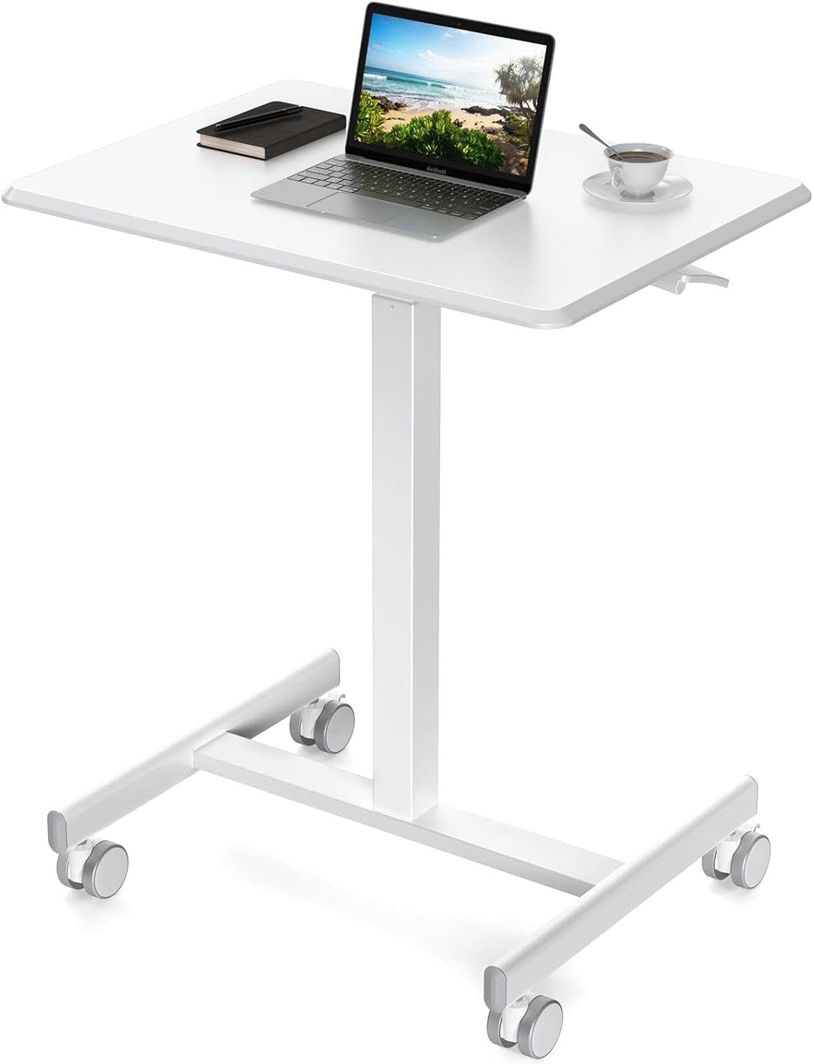 White Small Standing Portable Rolling Laptop Sit Mobile Desk with Lockable Wheel