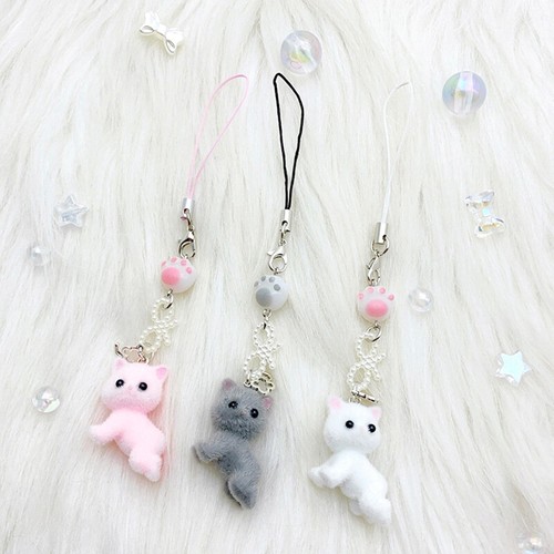 Cartoon Flocking Cat Mobile Phone Lanyard Cute Cat Phone Chain Keychain Pendant - 第 1/11 張圖片