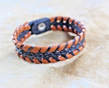 Western Unisex Bracelet 9 x 5/8 in Leather Black Brown Lace Tooled Snap