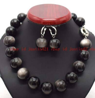 Huge 20mm Silver Eye Obsidian Round Gemstone Beads Necklace Earrings 18'' AAA
