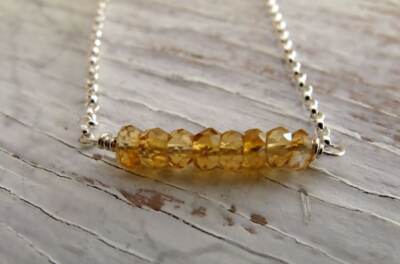 Natural Citrine Rondelle Gemstone Curb Link Silver Chain Beaded 18'' Necklace