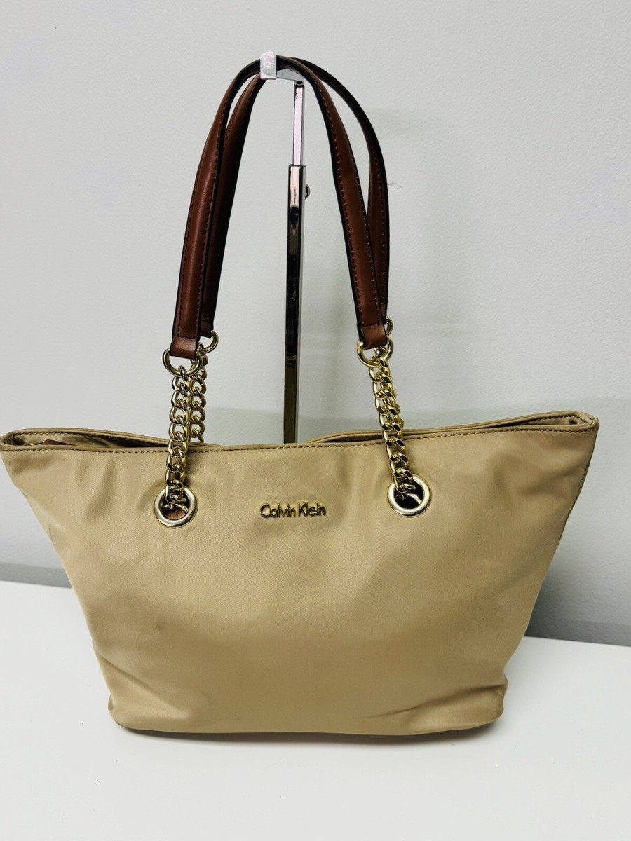Calvin Klein Florence Nylon Brown Gold Chain Tote Bag H4AAE2DX