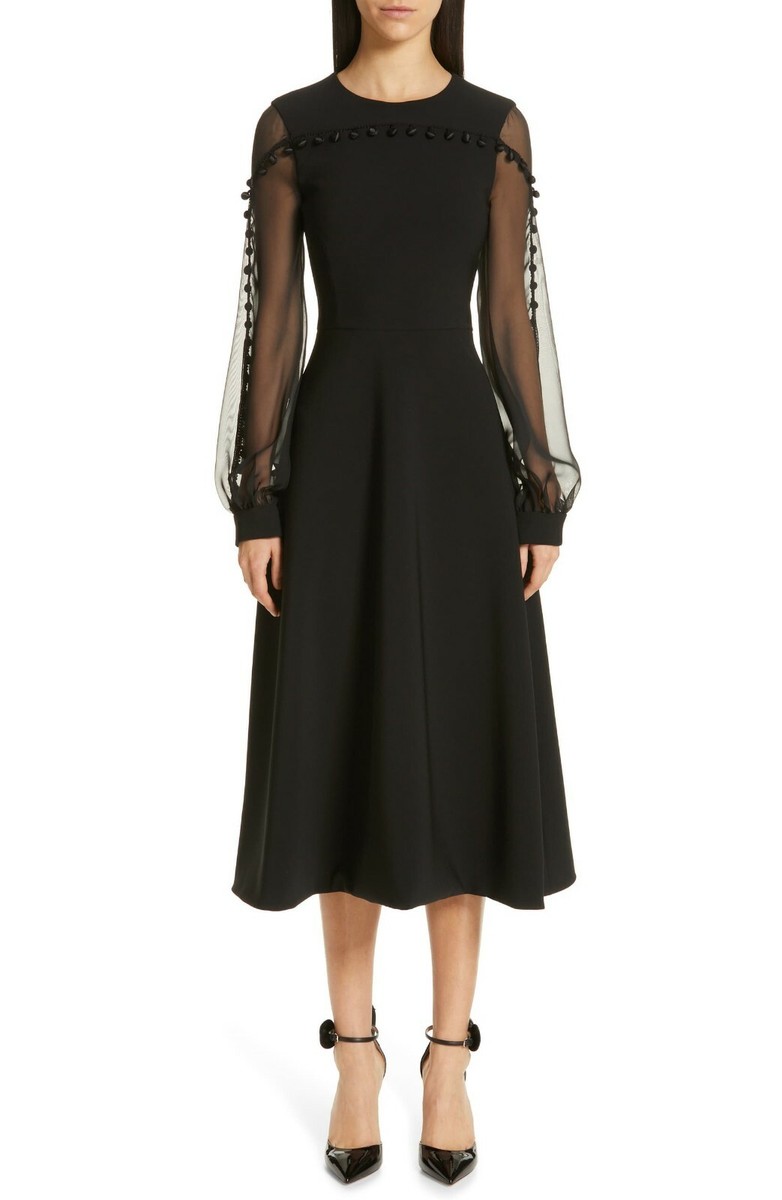 midi black dress with sheer sleeves Sheer Mesh Midi Dress With Abstract Print And Layered Slip by Modenaire
