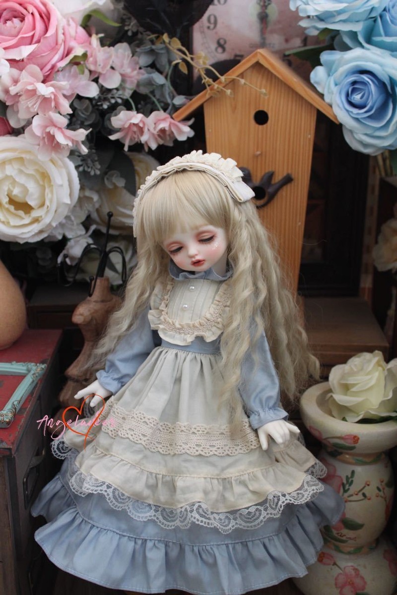 Lolita Fake 2 Piece Dress+Headwear Light Blue for Blythe 1/6 1/4 1