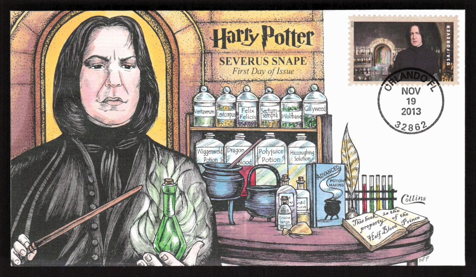 Harry Potter 2013 FDC SEVERUS SNAPE COLLINS COLOREADO A MANO PRIMER DÍA EDICIÓN CUBIERTA