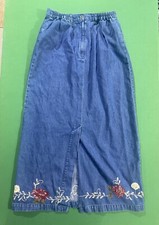 Vintage Denim  Co Boho Jean Maxi Skirt Slit Embroidered Sz Medium Floral